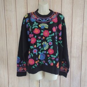 Vintage Carole Hanson black sweater with Multicolored Floral embroidery